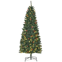 HOMCOM 6FT Prelit Artificial Pencil Christmas Tree with Warm White LED Light, Red Berry, Holiday Home Xmas Decoration, Green(m-1)