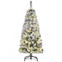 HOMCOM 4FT Prelit Artificial Snow Flocked Christmas Tree with Warm White LED Light, Holiday Home Xmas Decoration, Green White(m-1)
