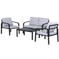 Outsunny 4pcs Garden Sofa Set 2 Single Armchair, 1 Bench & 1 Coffee Table Set Aluminum Frame Patio Furniture with Cushions, Black(m-1)