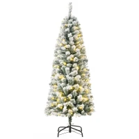HOMCOM 5FT Prelit Artificial Snow Flocked Christmas Tree with Warm White LED Light, Holiday Home Xmas Decoration, Green White(m-10)