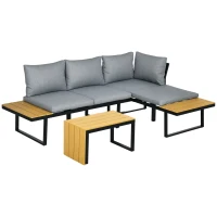 Outsunny Conjunto Móveis de Jardim de Alumínio 3 Peças Inclui 2 Sofás com Almofadas Mesa de Centro e Painel Lateral Cinza e Madeira(m-10)