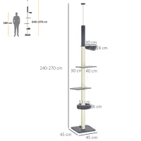 PawHut 240-270cm Floor-To-Ceiling Cat Tree, 5 Tier Cat Climbing Tower, with Bed, Hammock, Platforms, Dark Grey and Cream(m-3)