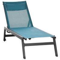 Outsunny Bain de soleil transat en aluminium et textilène avec roulettes et repose-tête dossier inclinable bleu(m-11)