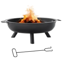 Outsunny Feuerschale mit Schürhaken Feuerkorb rund Feuerstelle für Garten Camping BBQ Stahl Schwarz 79 x 69 x 25,5 cm(m-1)