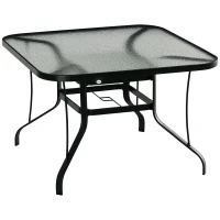 Outsunny Mesa de Cristal de Jardim com Orifício para Chapéu de Sol Mesa Quadrada de Exterior Terraço Varanda com Estrutura de Aço 106,5x106,5x71cm Transparente e Preto(m-10)