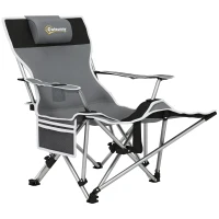 Outsunny Chaise de camping pliante fauteuil de pêche avec repose-pied amovible, appui-tête, porte-gobelet, sac de transport gris(m-10)