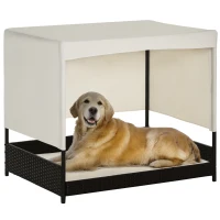 PawHut Lit Surélevé pour Chien Chat avec Coussin et auvent Toile Amovibles pour Extérieur et Intérieur dim. 91L x 71l x 81H cm résine tressée(m-1)