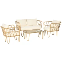 Outsunny Ensemble salon de jardin canapé 2 places + 2 fauteuils + 1 table basse plateau verre trempé 7 coussins écru(m-10)