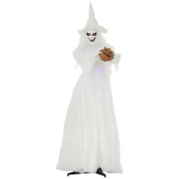 Outsunny 74 Inch Halloween Decorations White Witch Holding Pumpkin Head, Standing Skeleton Ghost Prop Life Size with Light Up Eyes and Body(m-10)