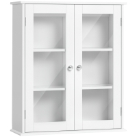 kleankin Armario de Pared Baño de 2 Puertas de Cristal Armario Colgante Multiusos para Cocina Salón con Estantes Interiores y Balda Ajustable 55x20x65 cm Blanco