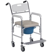 HOMCOM Chaise percée à roulettes - fauteuil roulant percé - chaise de douche - seau amovible, accoudoirs, repose-pied - acier chromé HDPE blanc(m-1)