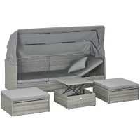 Outsunny Garten-Sofagarnitur, 4-tlg., mit Sonnendach, Kissen, Polyrattan/Metallrahmen, Grau(m-10)