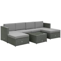 Outsunny 7-tlg. Polyrattan Gartengarnitur Gartenmöbel Garten-Set Sitzgruppe Loungeset Loungemöbel inkl. Fußhocker Sitzkissen Grau Stahl + Polyester 58 x 58 x 37 cm(m-1)
