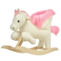 HOMCOM Cheval à Bascule Fonction Musicale Selle Grand Confort Peluche Courte Douce Pour Enfants 18-36 Mois Bois peuplier Blanc et Rose dim. 70L x 28l x 57H cm(m-1)
