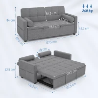 HOMCOM Sofá convertible 2 plazas 3 en 1 sofá cama con cama nido doble respaldo ajustable 2 cojines 151x137,5x84 cm Gris(m-3)