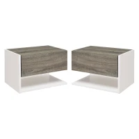 HOMCOM Juego de 2 Mesitas de Noche Flotantes Mesitas de Noche Colgantes con 1 Cajón y Estante Abierto 46x30x30cm Roble y Blanco(m-1)