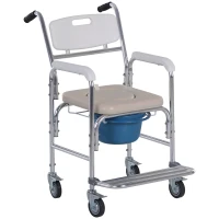 HOMCOM Chaise percée à roulettes - fauteuil roulant percé - chaise de douche - seau amovible, accoudoirs, repose-pied - acier chromé HDPE blanc(m-11)