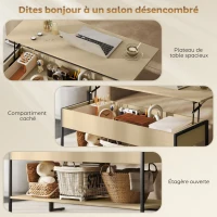 HOMCOM Table basse avec plateau relevable, table de salon avec compartiment caché et étagère ouverte, 95x40x59cm, bois naturel(m-6)