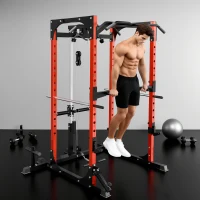 SPORTNOW Stație de Fitness cu Suport pentru Halteră, Discuri și Bară pentru Tracțiuni, 191x153x205 cm, Negru și Roșu(m-2)