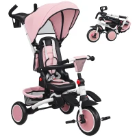 AIYAPLAY Tricycle bébé évolutif 6 en 1, tricycle enfant pliable avec poignée parentale réglable, siège pivotant 360°, rose(m-10)