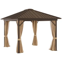 Outsunny 3 x 3.6m Outdoor Hardtop Gazebo Metal Roof Patio Gazebo with Aluminium Frame, Mesh Nettings, Curtains, & Roomy Interior Space, Brown(m-10)