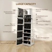 HOMCOM Armoire à Bijoux pivotante verrouillable boîte à bijoux avec Miroir - Armoire Bijoux Multi-Rangement - en Bois Blanc(m-5)