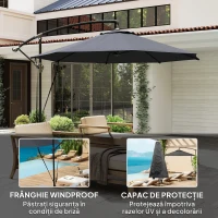 Outsunny Umbrelă de Soare cu Corzi Anti-Vânt, Orificii de Aerisire, Bază în Cruce și Manivelă, Φ290x243 cm, Gri(m-4)