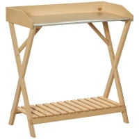 Outsunny Tavolo da Giardinaggio in Legno con Piano in Metallo Antiruggine e Ripiano Portaoggetti, 80x40x84cm(m-1)