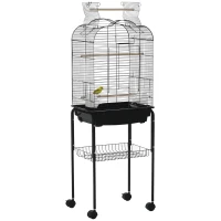 PawHut Jaula para Pájaros con Soporte Jaula de Aves Canarios con 4 Ruedas Techo Abrible 2 Comederos 3 Perchas Bandeja Extraíble y Estante Inferior 46x36x130 cm Negro(m-10)