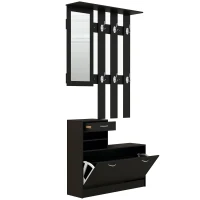 HOMCOM Ensembles 3 en 1 de meuble d'entrée vestiaire avec panneau porte-manteau, miroir et banc à chaussures - 6 crochets et étagère réglable, noir(m-1)
