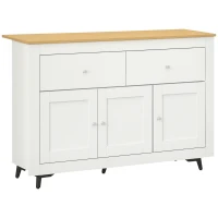 HOMCOM Aparador Móvel Auxiliar de Cozinha com 2 Gavetas 3 Portas e Prateleira Ajustável Móvel de TV de até 50 Polegadas 117x35x80 cm Branco e Madeira(m-10)