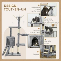 PawHut Arbre à chat tour de jeux pour chats avec griffoirs, plates-formes, échelle, hamac, 50 x 35 x 134,2 cm gris foncé(m-7)