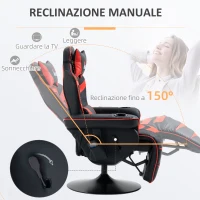 HOMCOM Sedia da Gaming Massaggiante con Poggiapiedi e Cuscino, in Finta Pelle, 79.5x82.5x111.5 cm, Nero e Rosso(m-5)