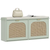 HOMCOM Boho Shoe Bench with Padded Seat and 2 Flip-Drawers - Light Green(m-10)