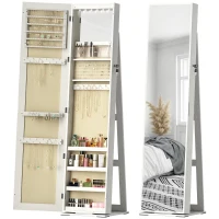 HOMCOM Joalheiro de Pé Armário para Joias com 6 Luzes LED Fechadura Prateleiras Suportes para Anéis 38x38x157 cm Branco e Bege(m-10)
