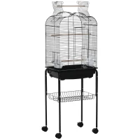 PawHut Jaula para Pájaros con Soporte Jaula de Aves Canarios con 4 Ruedas Techo Abrible 2 Comederos 3 Perchas Bandeja Extraíble y Estante Inferior 46x36x130 cm Negro(m-1)
