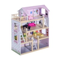 HOMCOM Casa de Muñecas Infantil con Muebles Casa de Muñecas de 4 Pisos con 13 Accesorios 60,5x30x80,5cm Rosa(m-10)