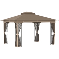 Outsunny Gazebo da Giardino con Zanzariera, Doppio Tetto e Struttura Metallo, 3.7x3m Marrone e Beige