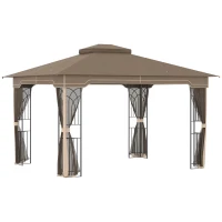 Outsunny Gazebo da Giardino con Zanzariera, Doppio Tetto e Struttura Metallo, 3.7x3m Marrone e Beige(m-1)