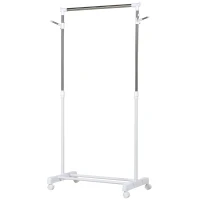 HOMCOM Estante de Ropa Perchero Estándar de Barra Altura Ajustable Portátil con Estante Inferior sobre Ruedas Tubería de Acero 68,5x42x87-145 cm Blanco Plata(m-1)
