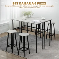 HOMCOM Set da Bar 6 Pezzi con 4 Sgabelli da Bar e 2 Tavoli Alti in Legno Truciolato e Acciaio per Cucina e Soggiorno, Grigio(m-4)