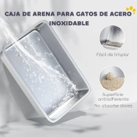 PawHut Arenero para Gatos de Acero Inoxidable XL con Borde Alto Pala Fácil de Limpiar Prueba de Fugas 60x40x29,5 cm Gris(m-4)