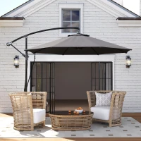 Outsunny Umbrelă de Soare cu Corzi Anti-Vânt, Orificii de Aerisire, Bază în Cruce și Manivelă, Φ290x243 cm, Gri(m-2)