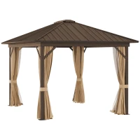 Outsunny 3 x 3.6m Outdoor Hardtop Gazebo Metal Roof Patio Gazebo with Aluminium Frame, Mesh Nettings, Curtains, & Roomy Interior Space, Brown(m-1)
