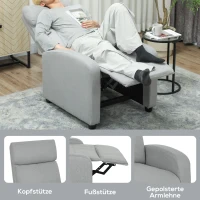 HOMCOM Relaxsessel, verstellbar 135°, ausziehbare Fußstütze, gepolsterte Lehnen, Leinen-Polyester, Hellgrau(m-6)