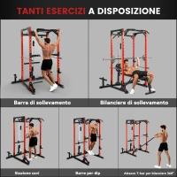 SPORTNOW Stazione Fitness con Supporto per Bilanciere e Barra per Trazioni e Dip, in Acciaio, 191x153x205 cm, Rosso e Nero(m-5)