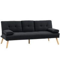 HOMCOM Canapé convertible 3 places, canapé-lit rembourré avec dossier réglable 3 niveaux, 2 coussins et 2 porte-gobelets intégrés, tissu de lin, pour salon, chambre d'amis, petit espace, gris(m-1)