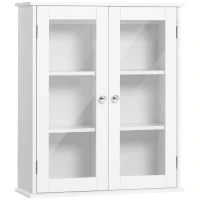 kleankin Armario de Pared Baño de 2 Puertas de Cristal Armario Colgante Multiusos para Cocina Salón con Estantes Interiores y Balda Ajustable 55x20x65 cm Blanco(m-1)