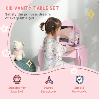 HOMCOM Kids Vanity Table and Chair Set with Tri-Folding Mirror and Stool, Makeup Dressing Table with Drawer, Pink(m-3)