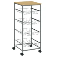 HOMCOM Carrello da Cucina Salvaspazio con 4 Cesti Estraibili in Legno e Acciaio, 36.5x36.5x89 cm, Argento e color Legno(m-1)